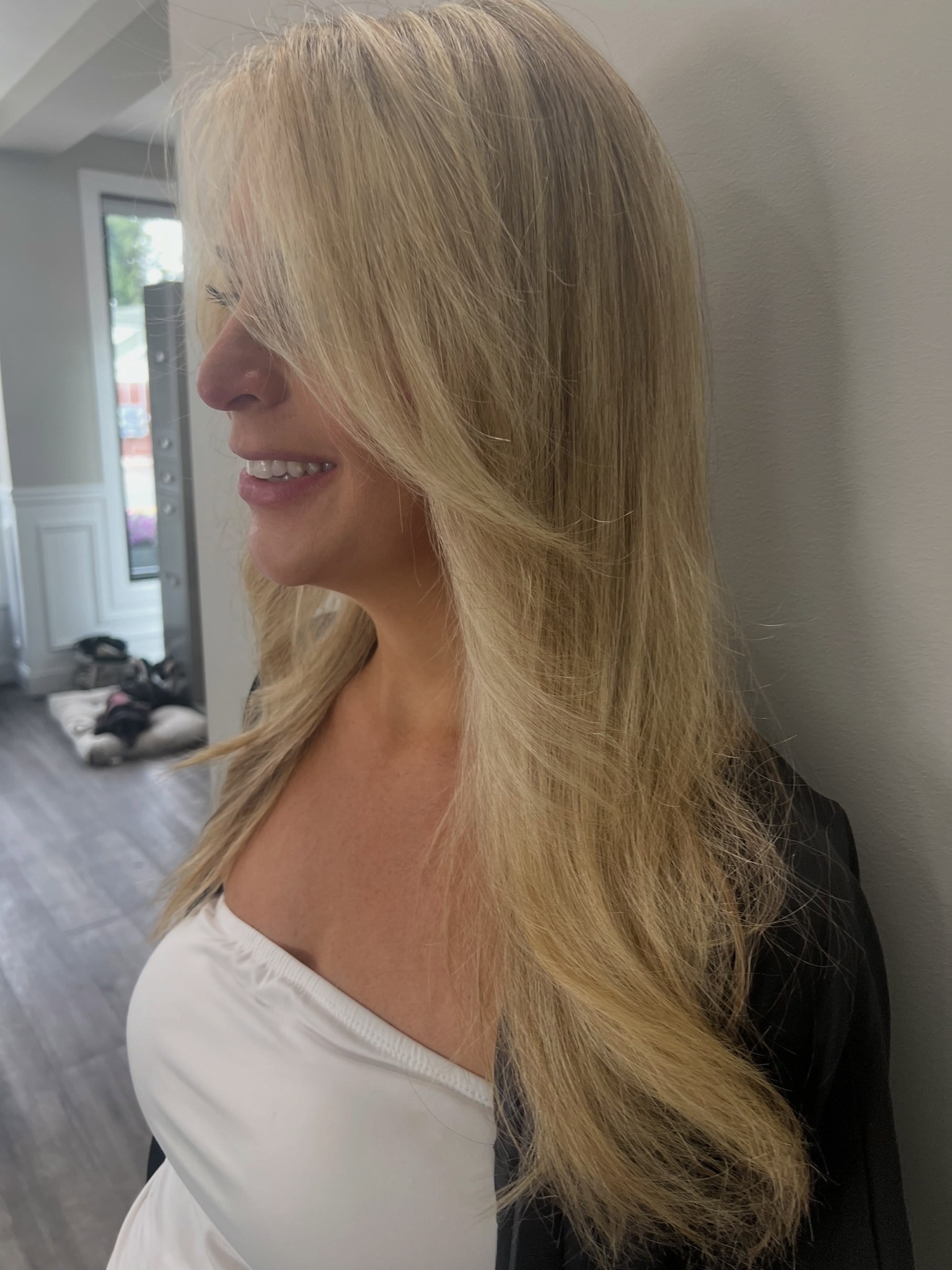 Layered blonde haircut and styling
